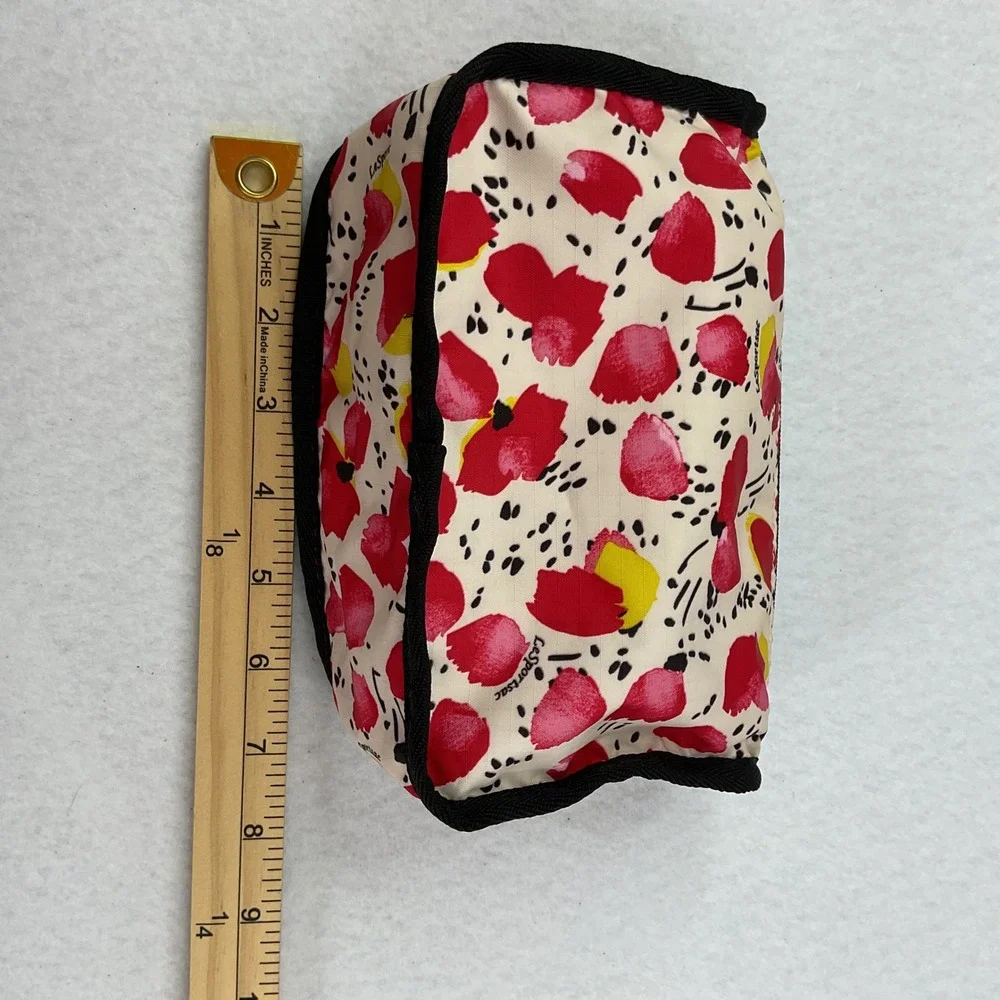 LeSportsac Floral Poppy Print 3-Zip Cosmetic Bag Travel Pouch Red Yellow Cream